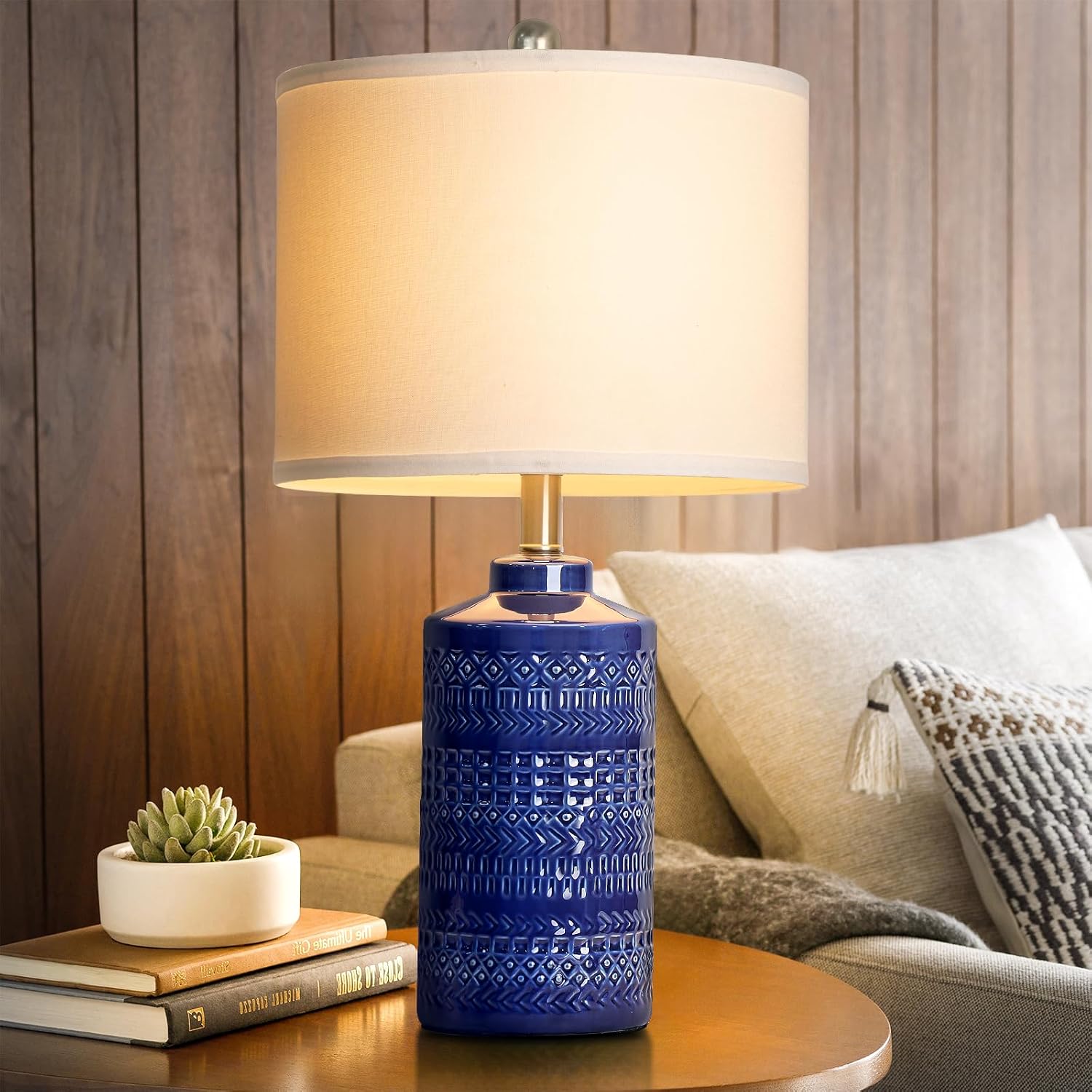 JUNNAI 24.5" Navy Blue Table Lamp Modern Bedside Ceramic Lamps for Living Room 3-Way Dimmable Entryway Nightstand Farmhouse Lamp for Home…