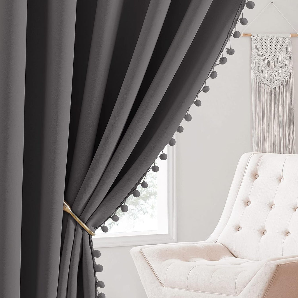 NICETOWN Kids Blackout Curtains with Pom Pom Tassel Rustic Rod Pocket Bohemian Curtains for Living Room Thermal Insulated Curtain Drapes…