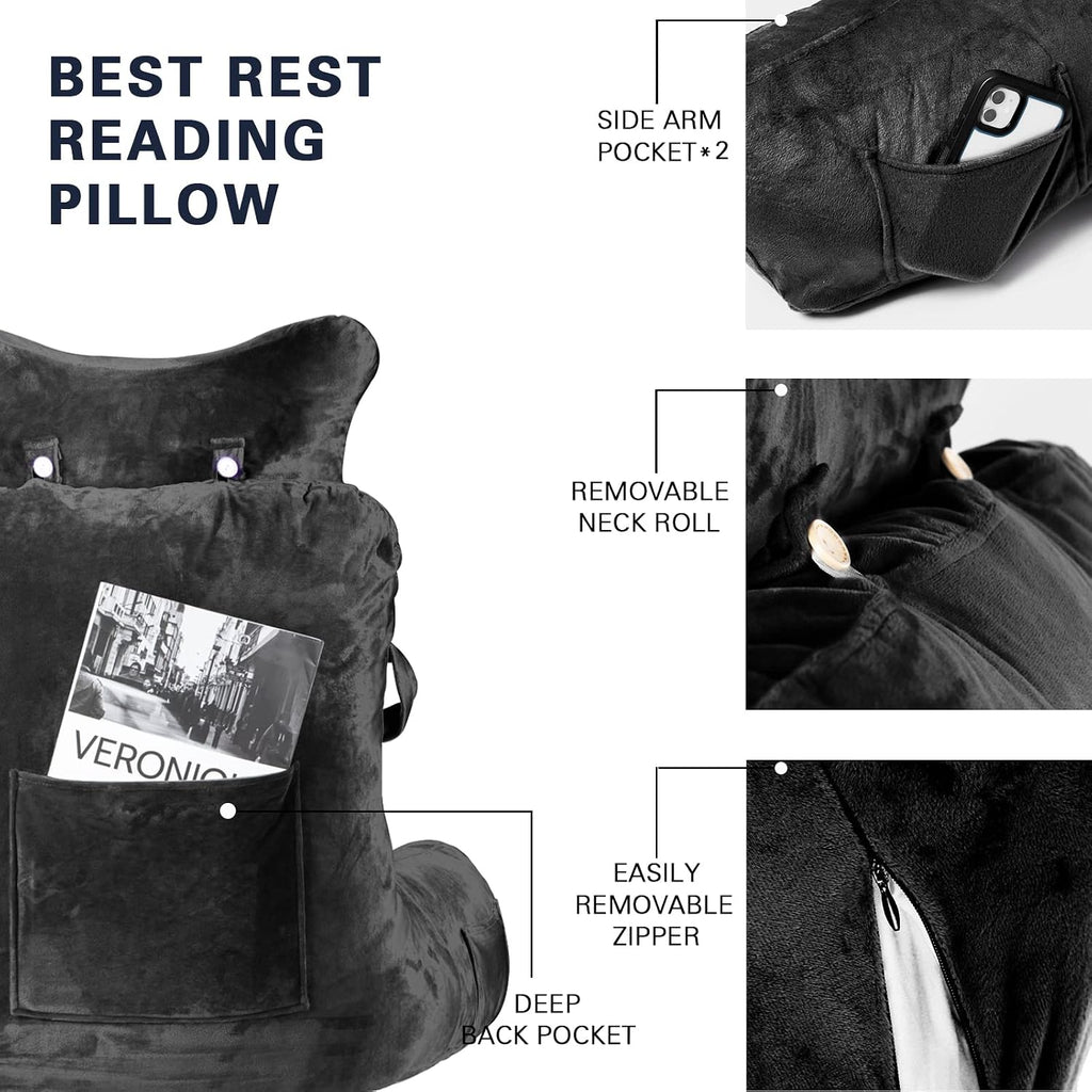 Reading Pillow-Extra Large 31" Bed Rest Pillow with Detachable Neck Roll & Arms for Sitting in Bed or Couch-Backrest Reading Pillow Adult…