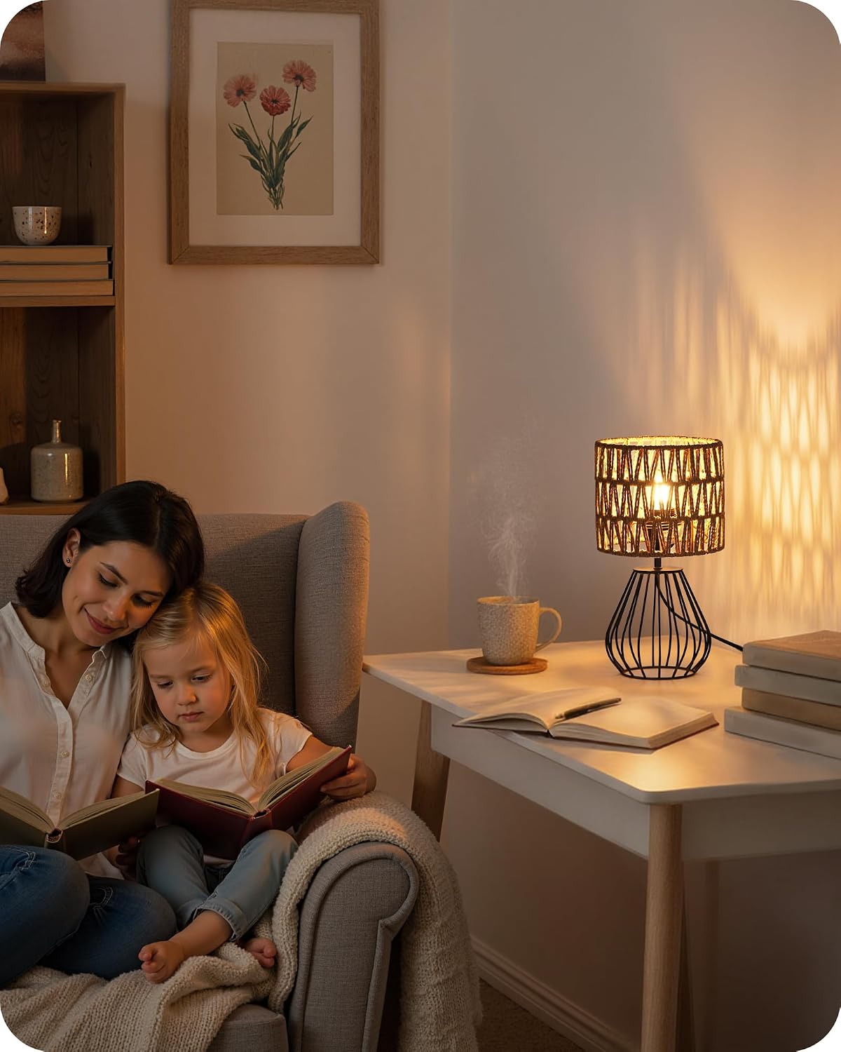 Rattan Table Lamp, Boho Table Lamp, Small Bedside Lamp, Handwoven Paper Lampshade, 2700K LED Bulb Included, Boho Desk Lamp, Modern…
