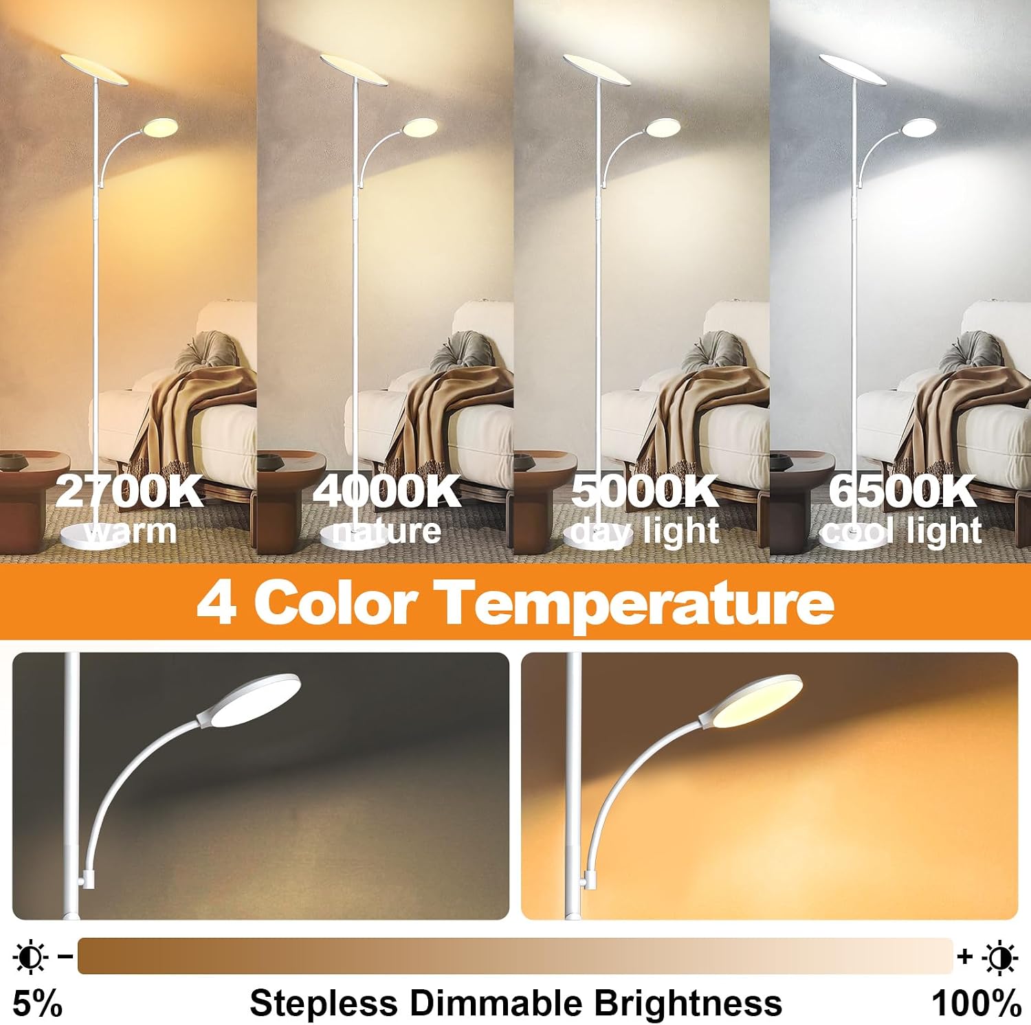 Marctronic White Floor Lamps for Living Room, 44W/4500LM Super Bright 2 in 1 LED Floor Lamp with Remote, Stepless Dimmable, 69" Tall Standi…