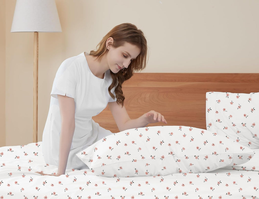 sunflower Queen Pillowcases Set of 2, 100% Cotton Queen Size Pillow Cases 2, 20×30 inches Pink Posy, Soft and Breathable
