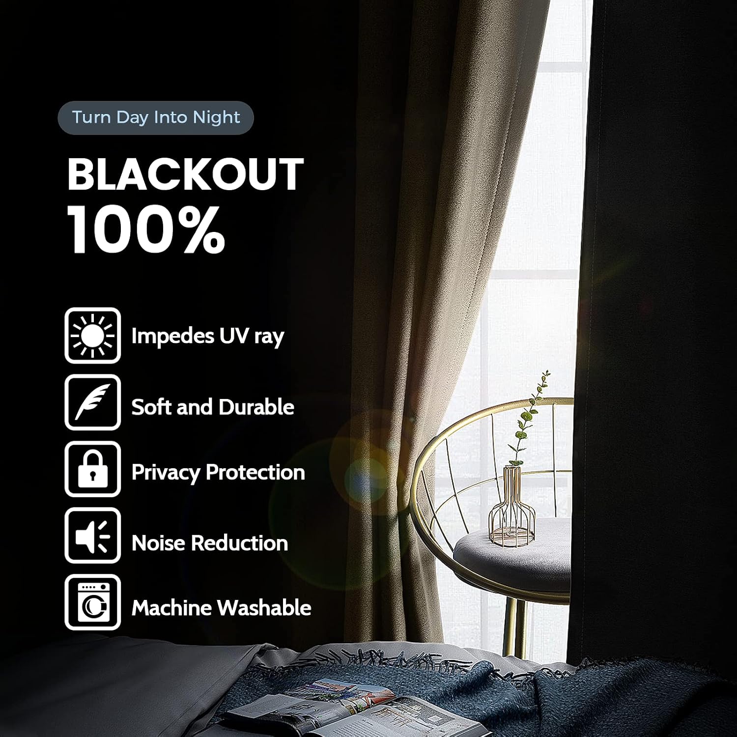 SimpleHome 100% Blackout Curtains for Bedroom, Thermal Insulated Grommet Window Drapes Room Darkening Beige Curtains for Living Room with Bl…