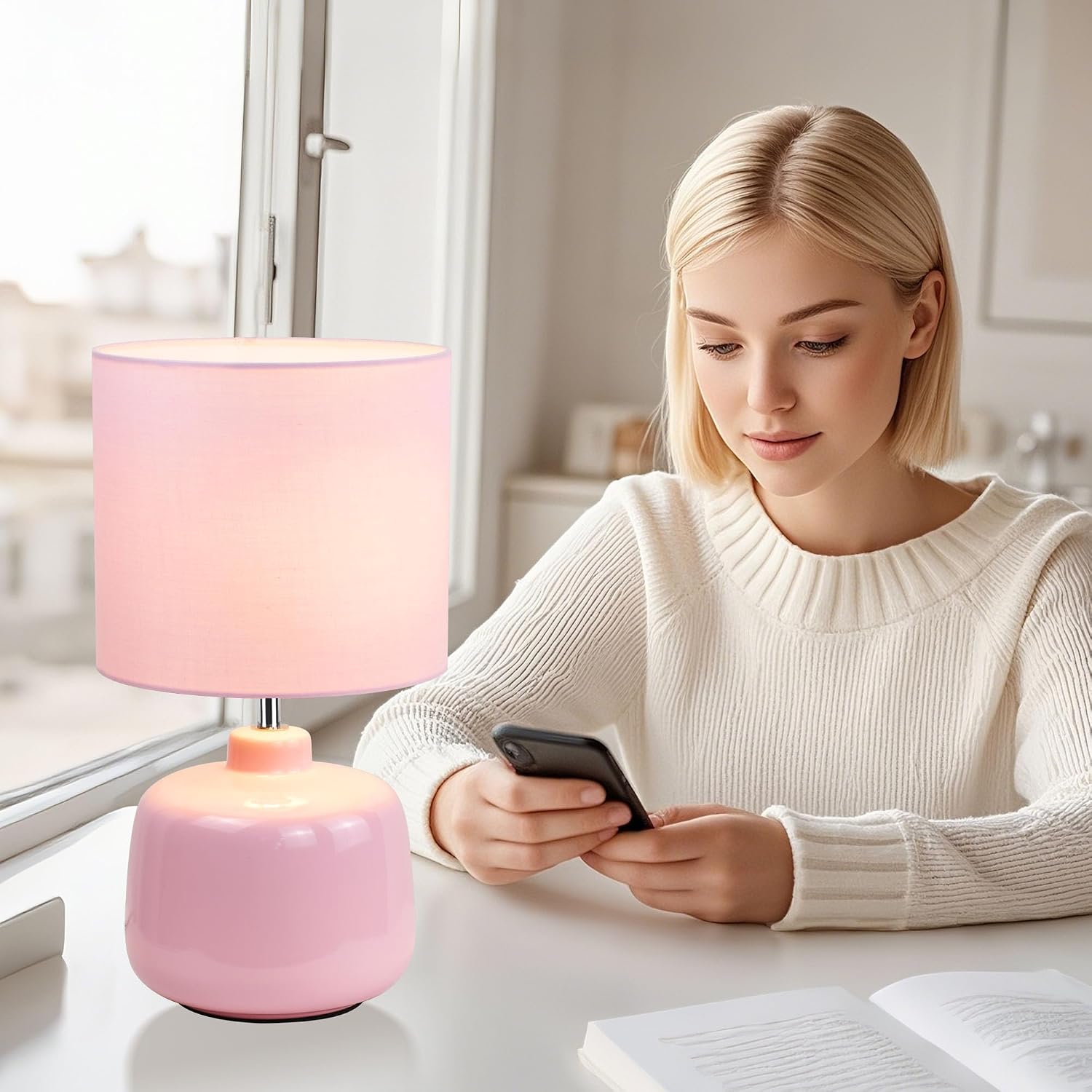 Oslo Small Ceramic Table Lamp for Living Room and Bedroom, Modern Kids Night Table Lamp, Φ7.09×H13.39IN, Bulb Excluded, Light Pink