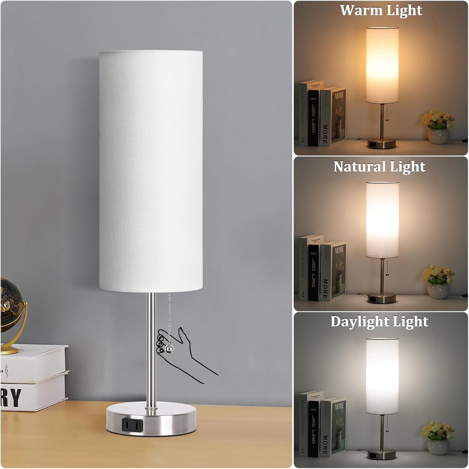 Dott Arts 18" Table Lamp for Bedroom, 3-Color Bedside Lamps with Pull Chain, Bedroom Table Lamps for Nightstand, AC Outlet Small Lamp for…