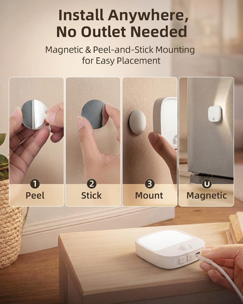 EZVALO Rechargeable Motion Sensor Night Lights, 4 Pack Magnetic Stick-On LED Lights, 3 Color Temperatures, 10%-100% Dimming & Memory…