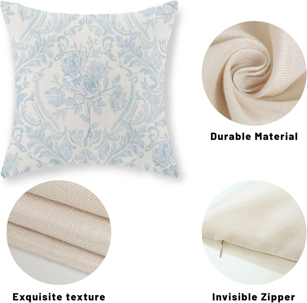 Baby Blue Pillow Covers 18x18 Inch Set of 2 Block Print Floral Throw Pillows Vintage Flower Decorative Boho Outdoor Pillow Cases…