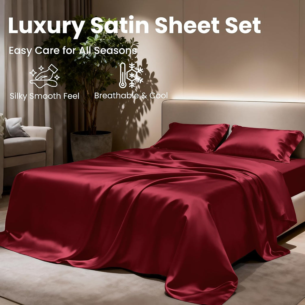 Lovescabin Love's cabin 4Piece California King Satin Bed Linen Set, Burgundy Silky Satin Sheets, Deep Pocket, Luxury Silk Feel, 1 Flat, 1 F…