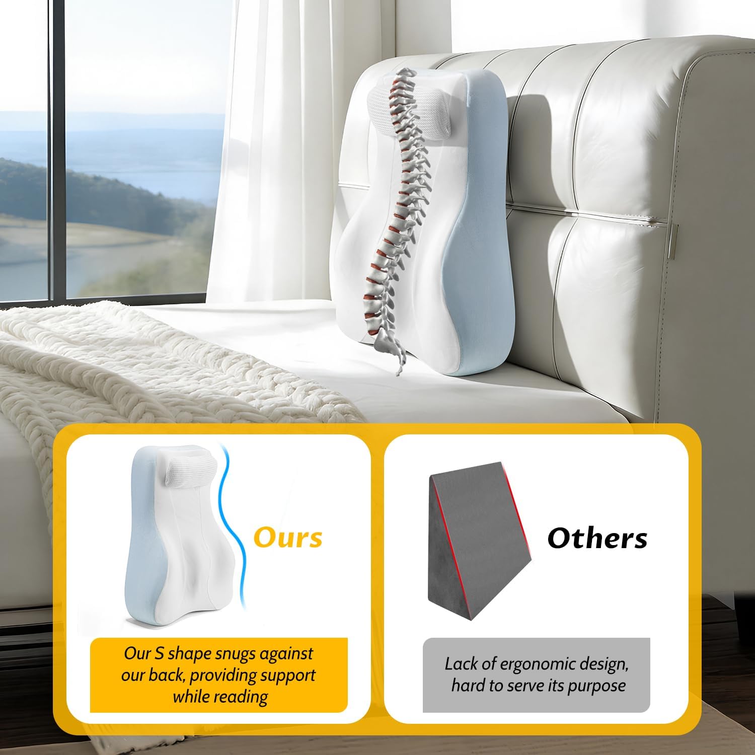 Ergonomic S Curve Reading Pillow for Sitting in Bed Adult- Back Pillow for Bed Sitting up with Adjustable Headrest- Memory Foam White, Blue