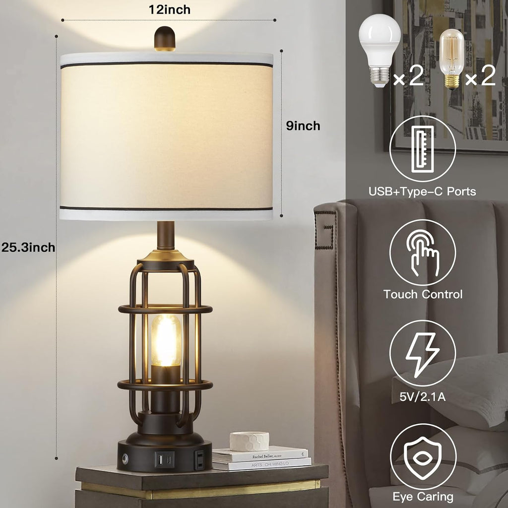 26" Modern Lamp for Living Room, Industrial 3-Way Dimmable Beside Table Lamp with USB A+C Charging Ports & AC Outlet, Touch Control…
