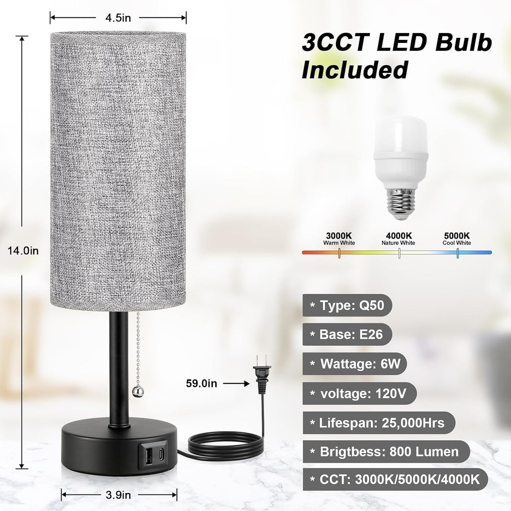 Grey Bedside Lamp for Bedroom Nightstand - Small Table Lamp with USB A + C Charging Port, 3 Color Temperatures Pull Chain Night Stand…