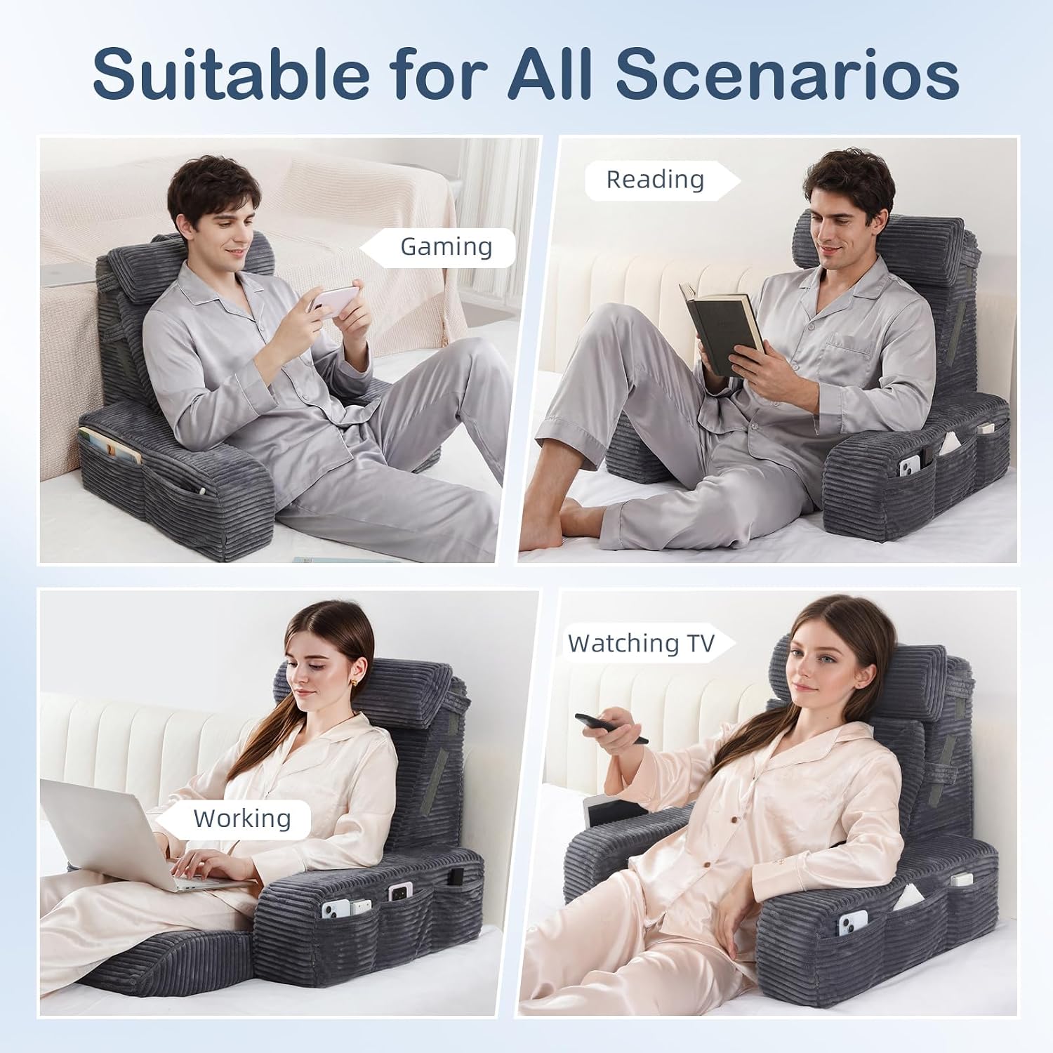Vekkia Adjustable Reading Pillow & Back Pillow with Backrest – Zoned Multi-Density Foam for Targeted Support, XL Side Pockets – Bed Chair f…