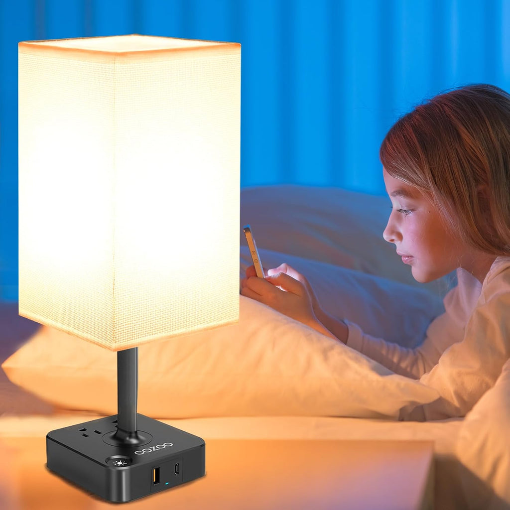 Table Lamp Dimmable cozoo USB Bedside Table Desk Lamp with 2 USB Charging Port(A+C) 2 Outlet, Nightstand Lamp with Charger Base White…
