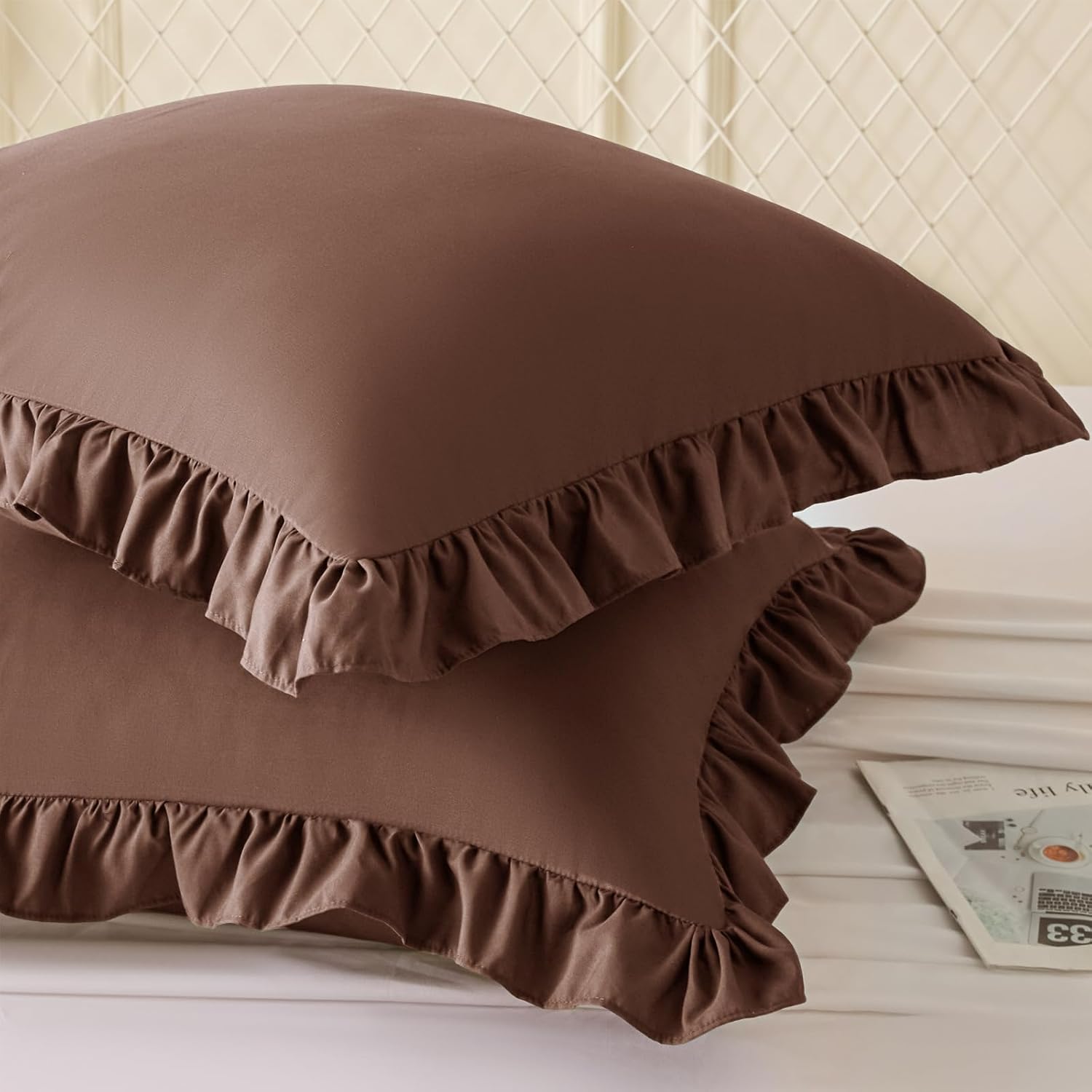 KKJIAF Ruffle Pillow Cases 22x22 Inches, Brown Square Ruffled Pillow Covers Set of 2, Microfiber Wrinkle Resistant Pillow Shams with…