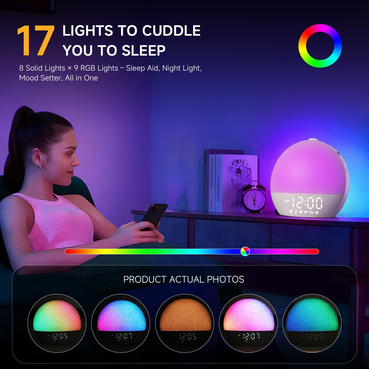 Geuuap Sunrise Alarm Clock White Noise Sound Machine for Bedroom | Natural Wake-Up Light with 30 Soothing Sleep Aids, Bluetooth Speaker…