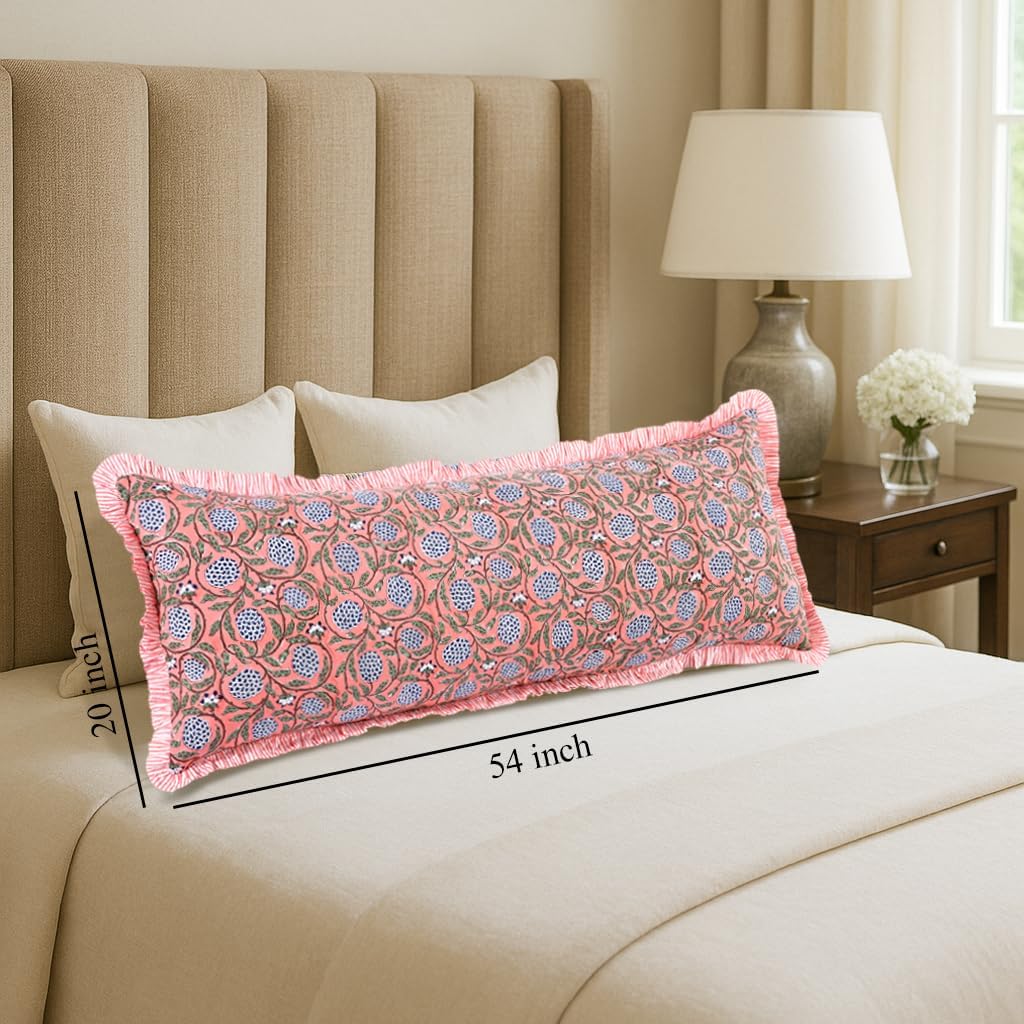 Ridhi Block Print Dark Salmon Pink 54"x20" Set 1-100% Cotton Ruffle Lumbar Sham Cover Boho Floral Pillowcase, Farmhouse Cottagecore…