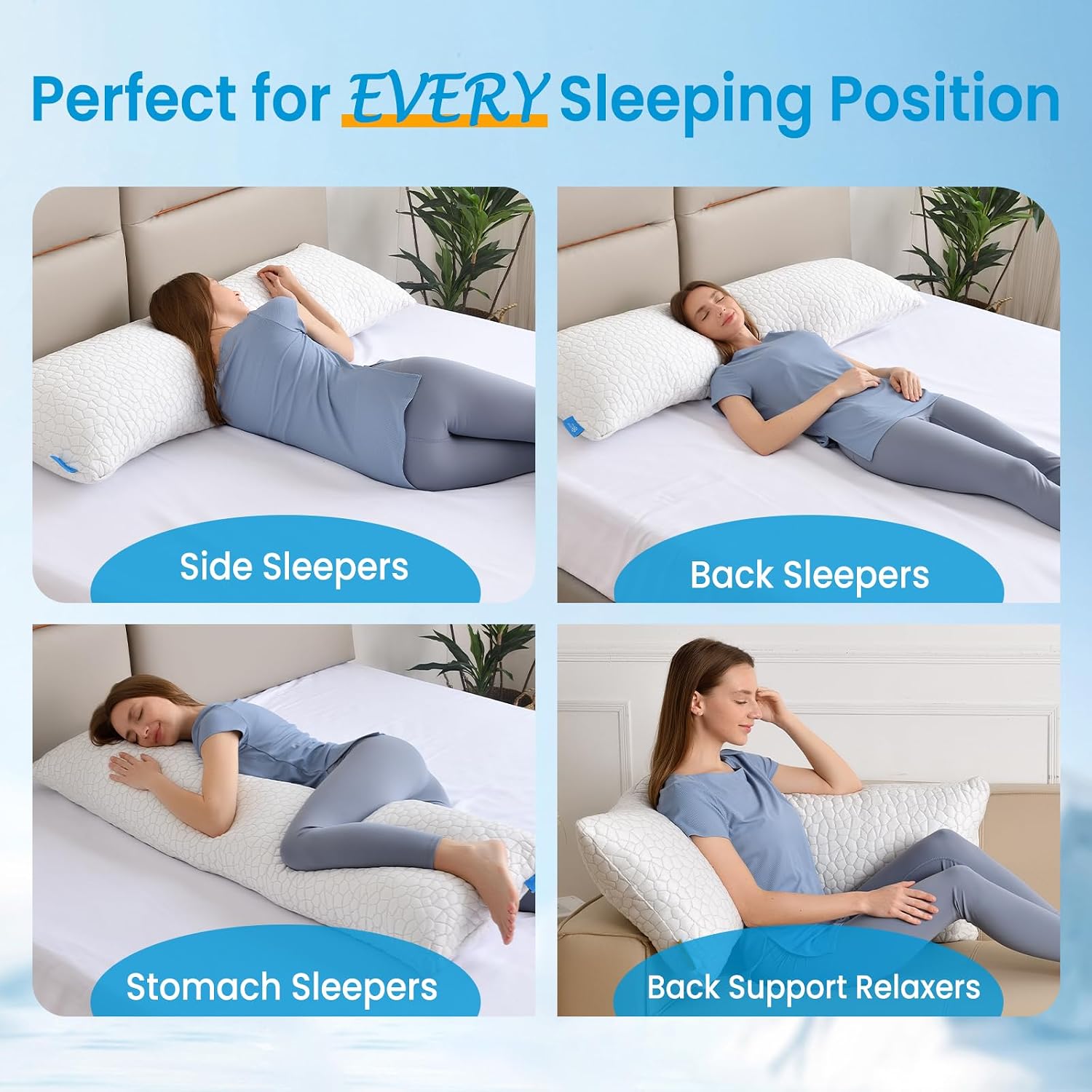 Qutool Cooling Pillow for Sleeping, CertiPUR-US Shredded Memory Foam Full Body Pillow Set of 1, Long Pillow for Bed with Removable Double-S…