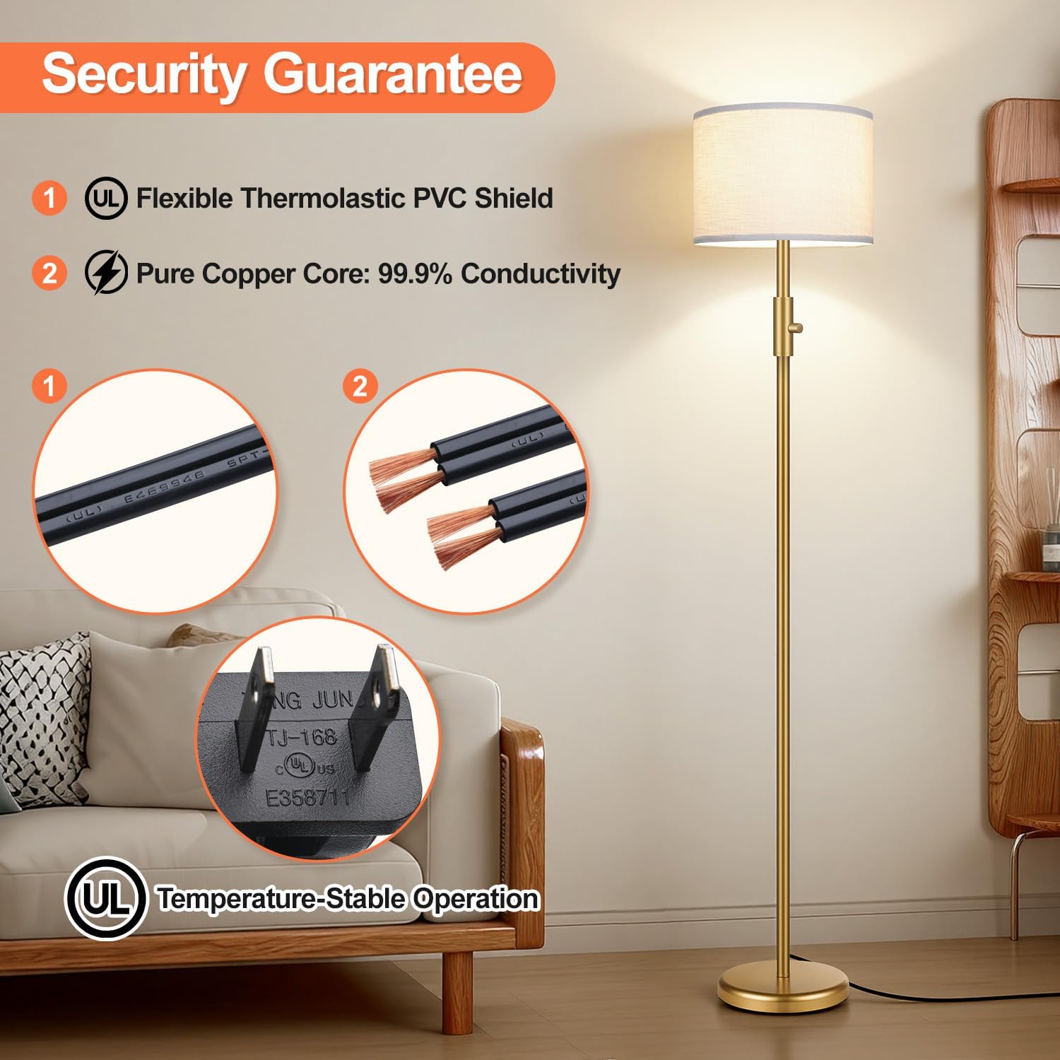 Upgraded】 Dimmable Gold Floor Lamps for Living Room, 9W LED Bulb Included, Modern Standing Lamp with White Lamp Shade, Tall Pole Light…