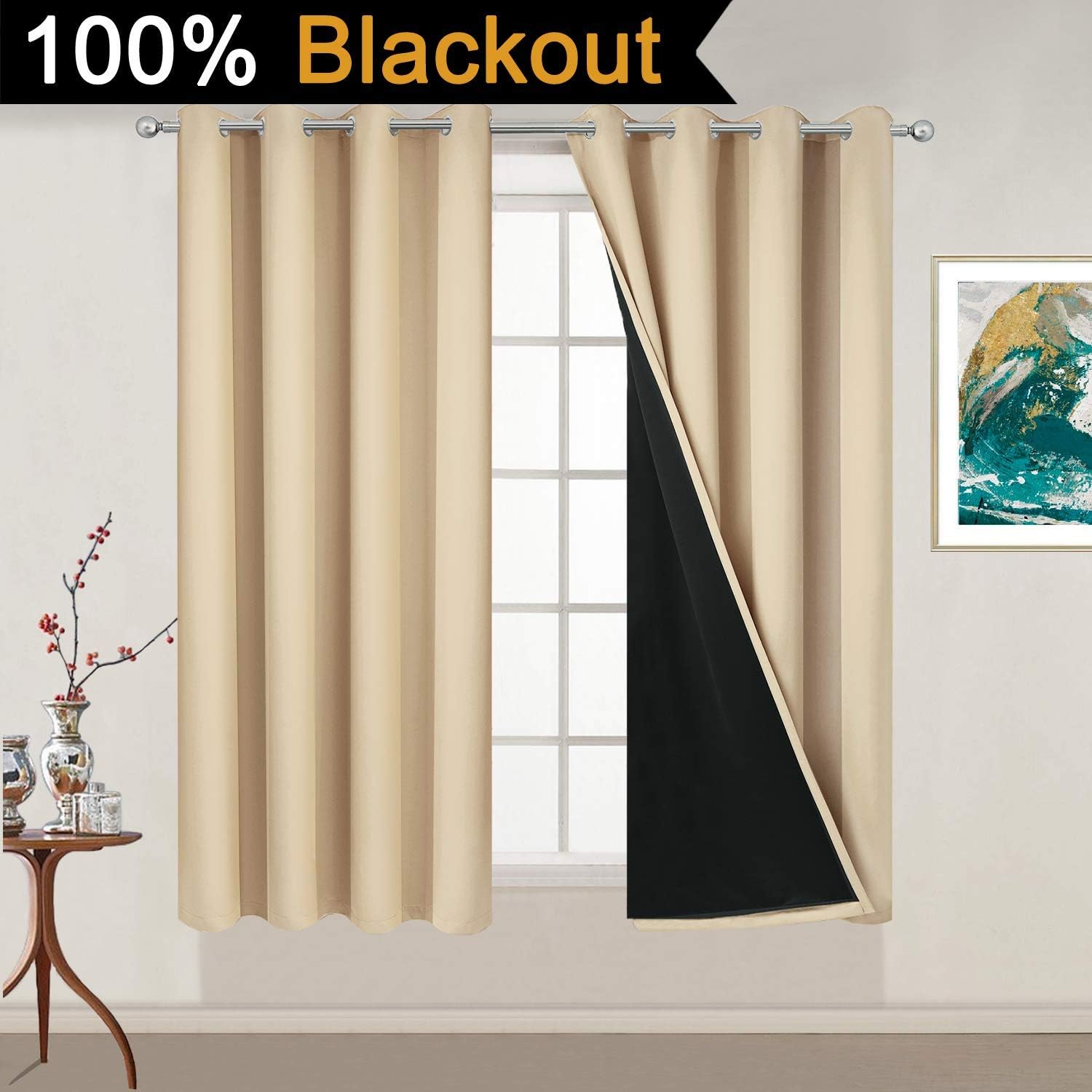 Yakamok Beige 100% Blackout Curtains for Bedroom with Black Liner, 2 Thick Layers Full Room Darkening Thermal Insulated Noise Reducing Grom…