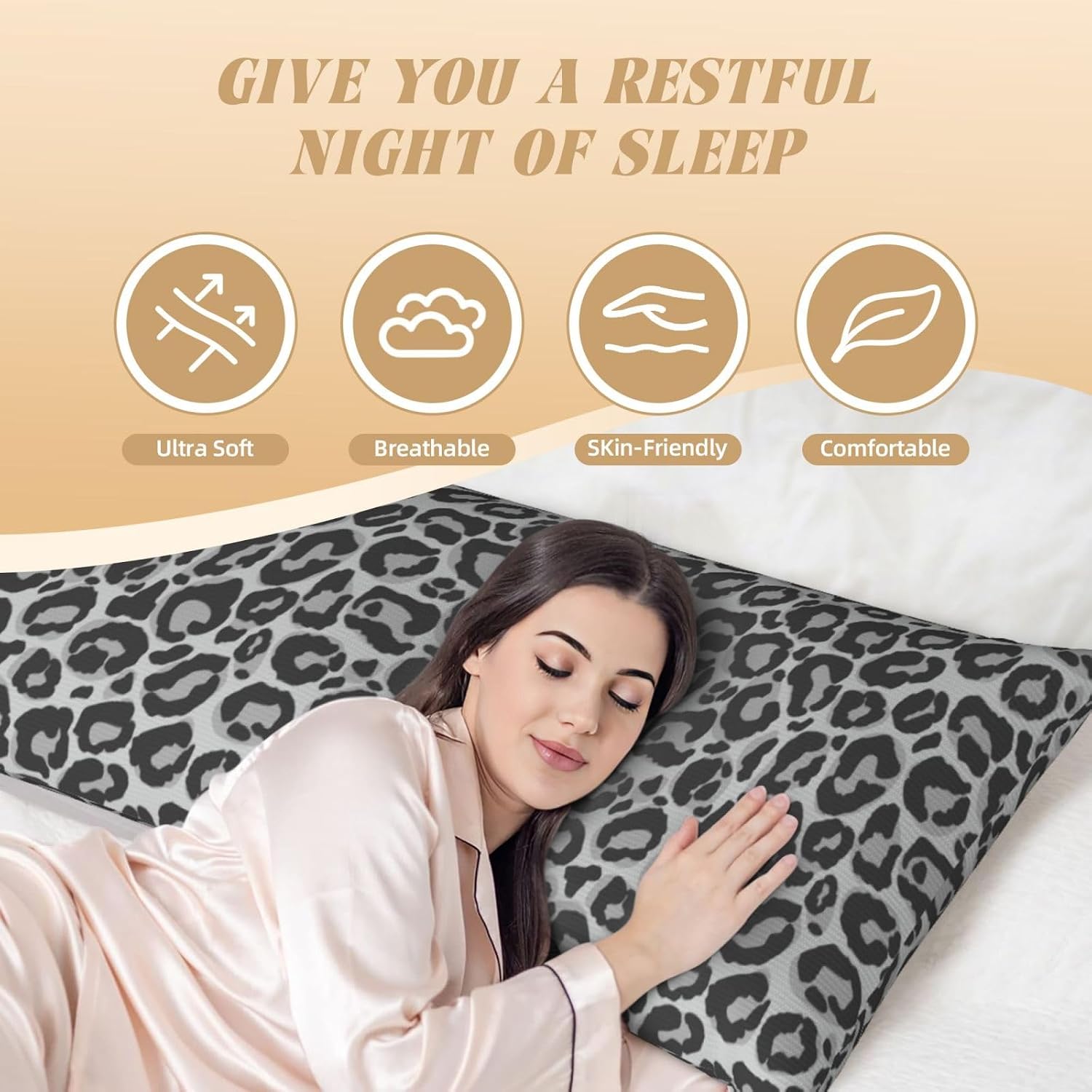 Sovvin Grey Leopard Print Body Pillow Cover Long Pillow Case with Zipper Decorative Soft Cushion Bedding Pillowcase for Couch Bedroo…