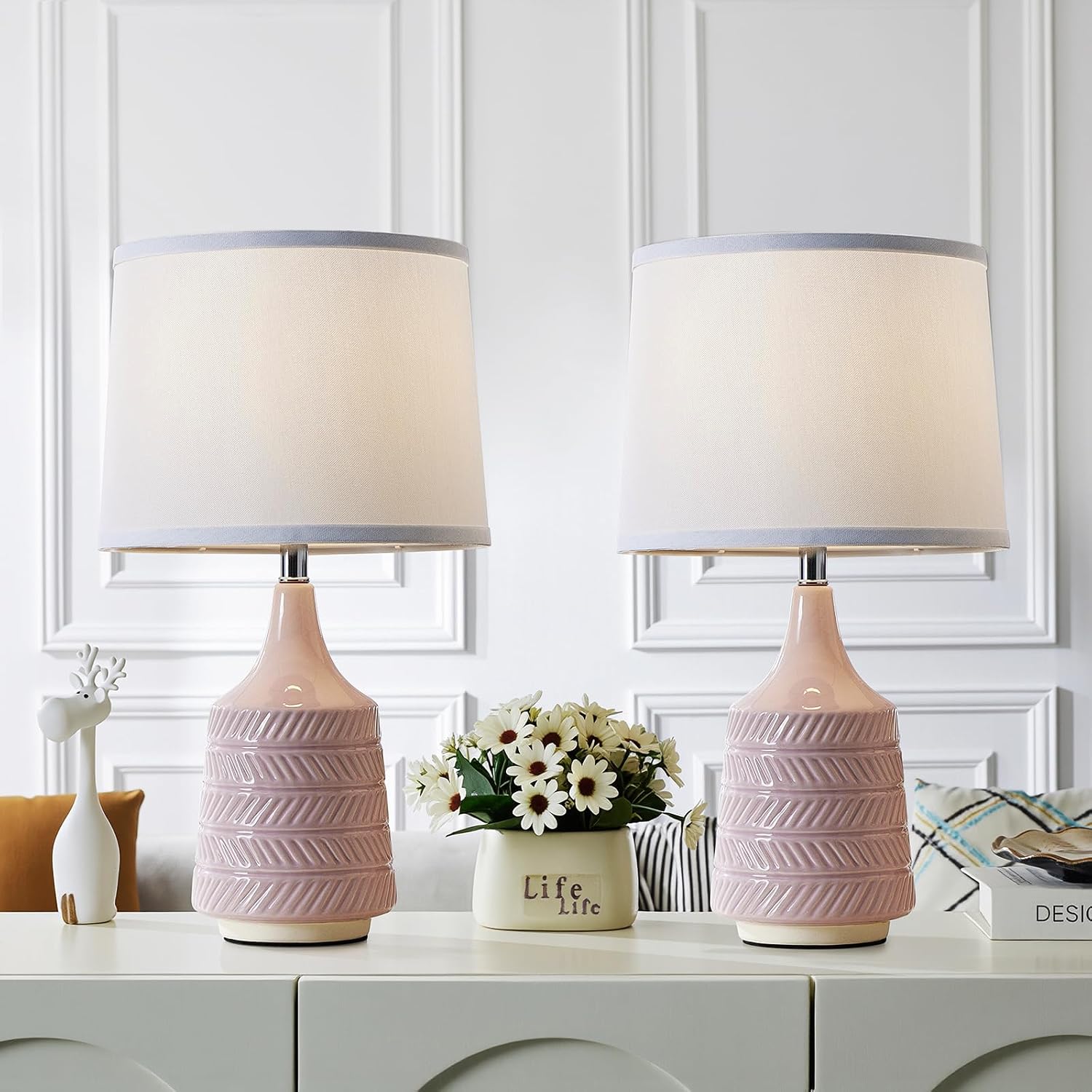 Pink Ceramic Table Lamps Set of 2, 18.5" Modern Bedside Lamps for Night Stands, Decor Classic Small Lamps for Living Room End Tables…