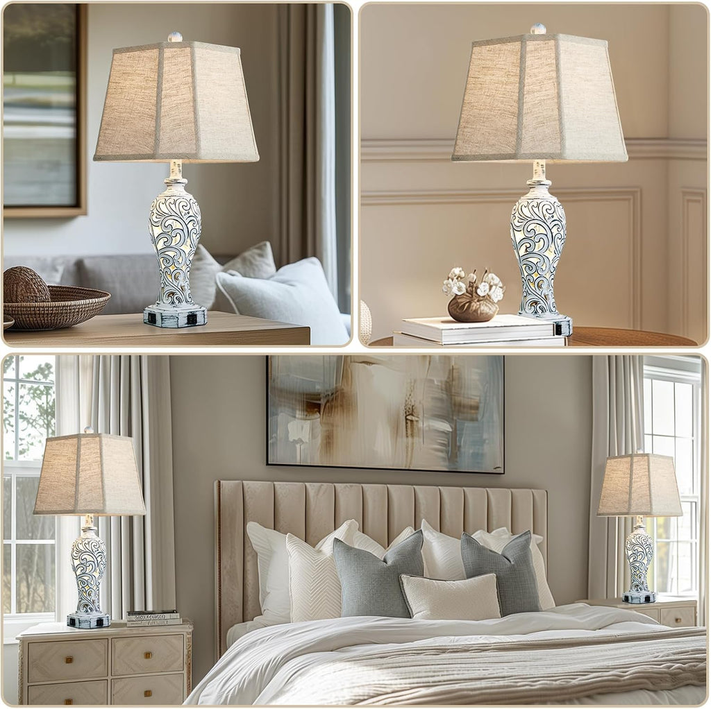 25'' Farmhouse Table Lamps Set of 2 for Living Room Bedroom, 2 USB Ports Rustic Vintage Nightstand Table Lamp with Nightlight, Hollow Out…