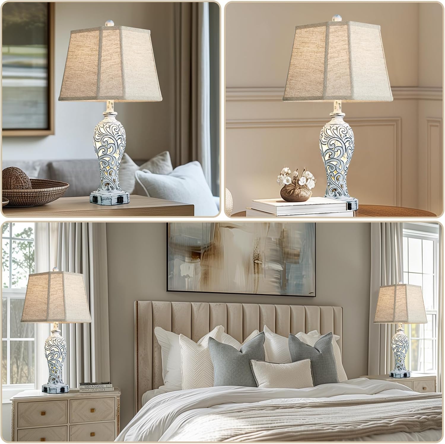 25'' Farmhouse Table Lamps Set of 2 for Living Room Bedroom, 2 USB Ports Rustic Vintage Nightstand Table Lamp with Nightlight, Hollow Out…