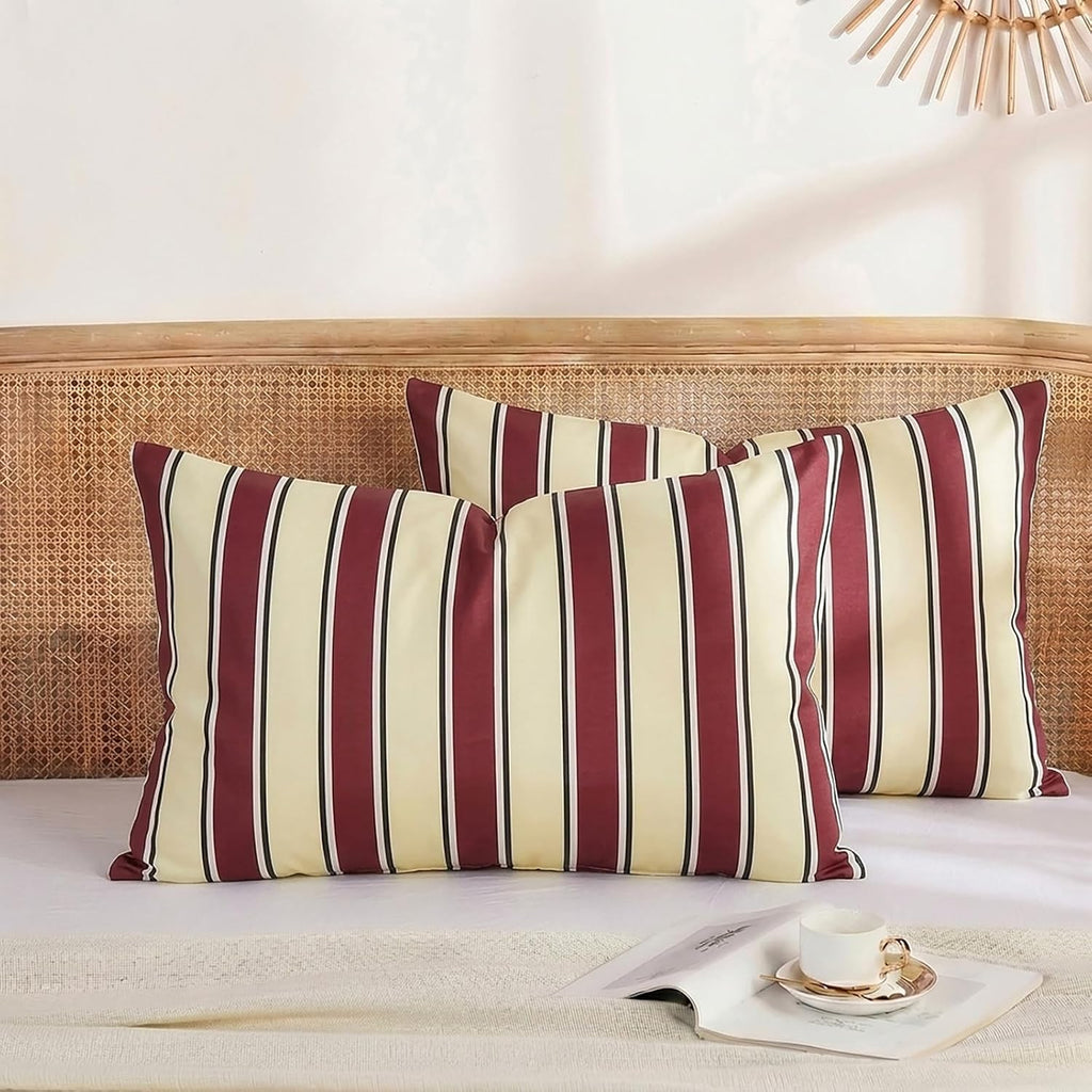 Merryword 100% Cotton Pillow Cases, Queen Size Pillowcases, Burgundy & Cream Striped Pillowcases, Luxury Linen Like Pillowcase, Soft Breath…