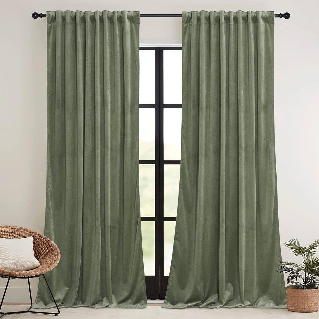 Rybhome RYB HOME Sage Green Velvet Curtains 84 inches, Room Darkening Super Soft Velvet Drapes with Pleat Tape for Living Room, Thermal Ins…