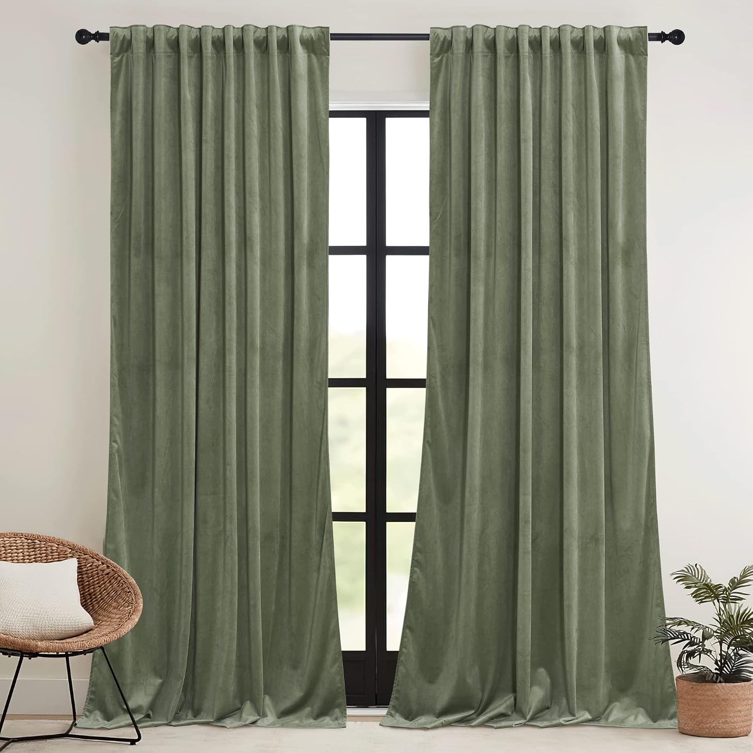 Rybhome RYB HOME Sage Green Velvet Curtains 84 inches, Room Darkening Super Soft Velvet Drapes with Pleat Tape for Living Room, Thermal Ins…