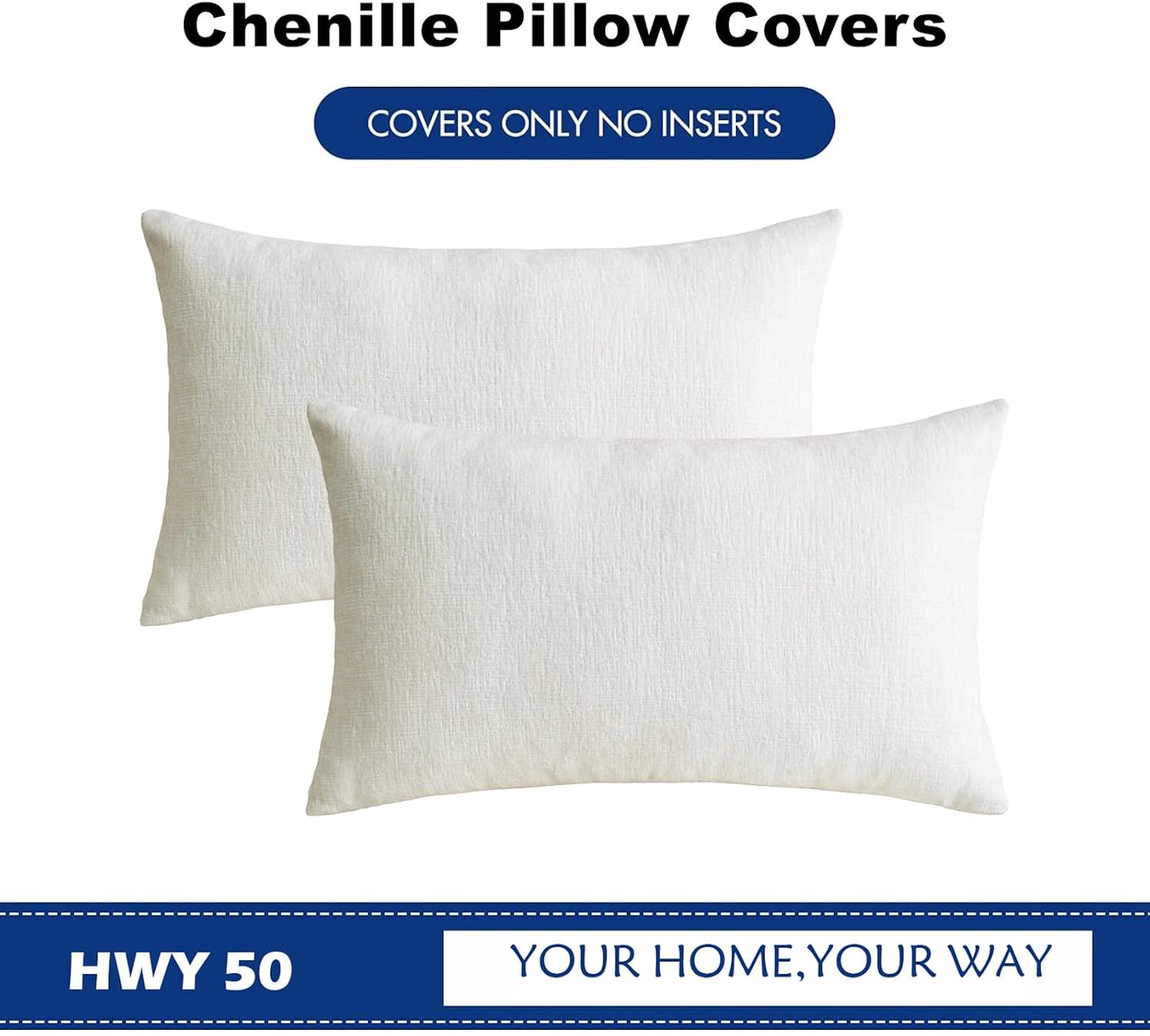 Hwy50 HWY 50 Cream White Lumbar Pillow Covers 12x20 Inch Pack of 2, Soft Chenille Decorative Throw Pillow Covers Farmhouse for Couch Sofa L…