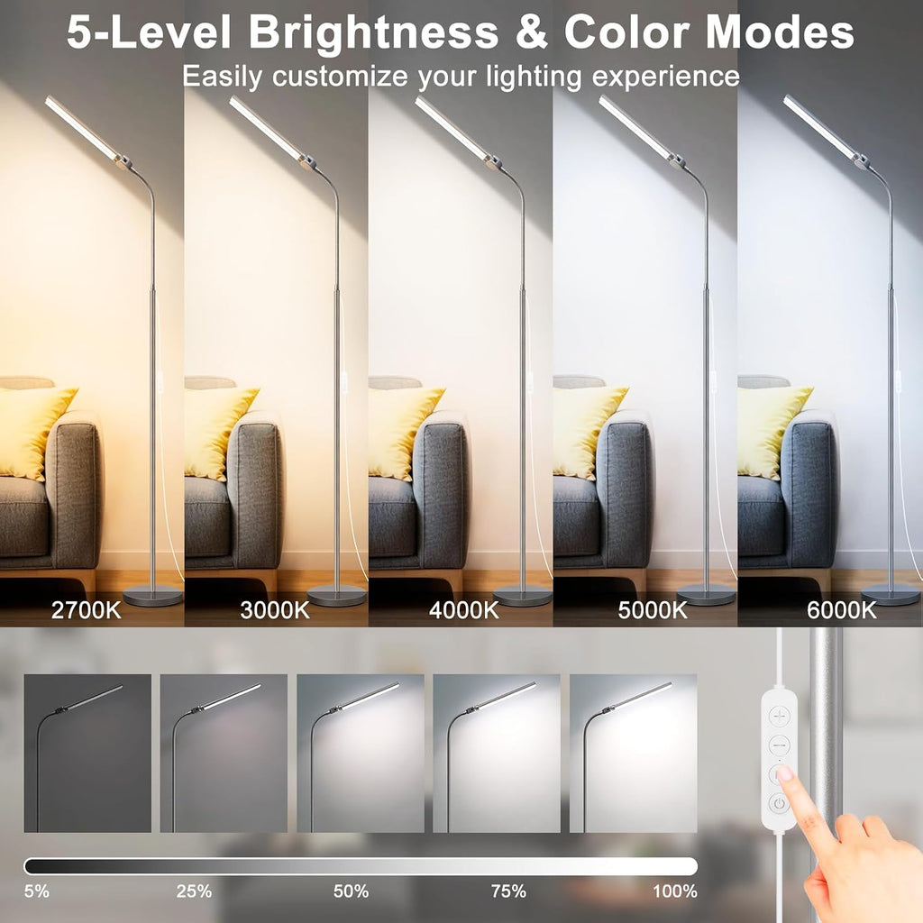 Bright Floor Lamp, 18W/2000LM Silver LED Floor Lamp with Double Head, Adjustable Gooseneck Dimmable Craft Light for Sewing Tatoo…
