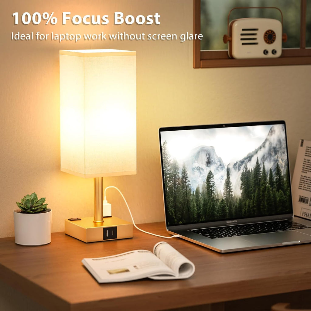aooshine Gold Base Touch Lamps Set of 2 - Nightstand Lamp with USB-C + A Charge Ports & AC Outlets, 3-Way Dimmable Bedside Lamp, Small…