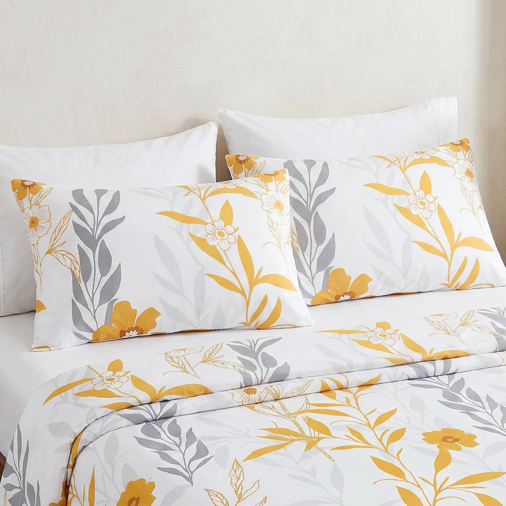 Bedorm 100% Cotton Pillowcases Standard Size Set of 2 Yellow Floral Pillow Covers Flower Leaf Botanical Print Decorative Pillow Cases with…
