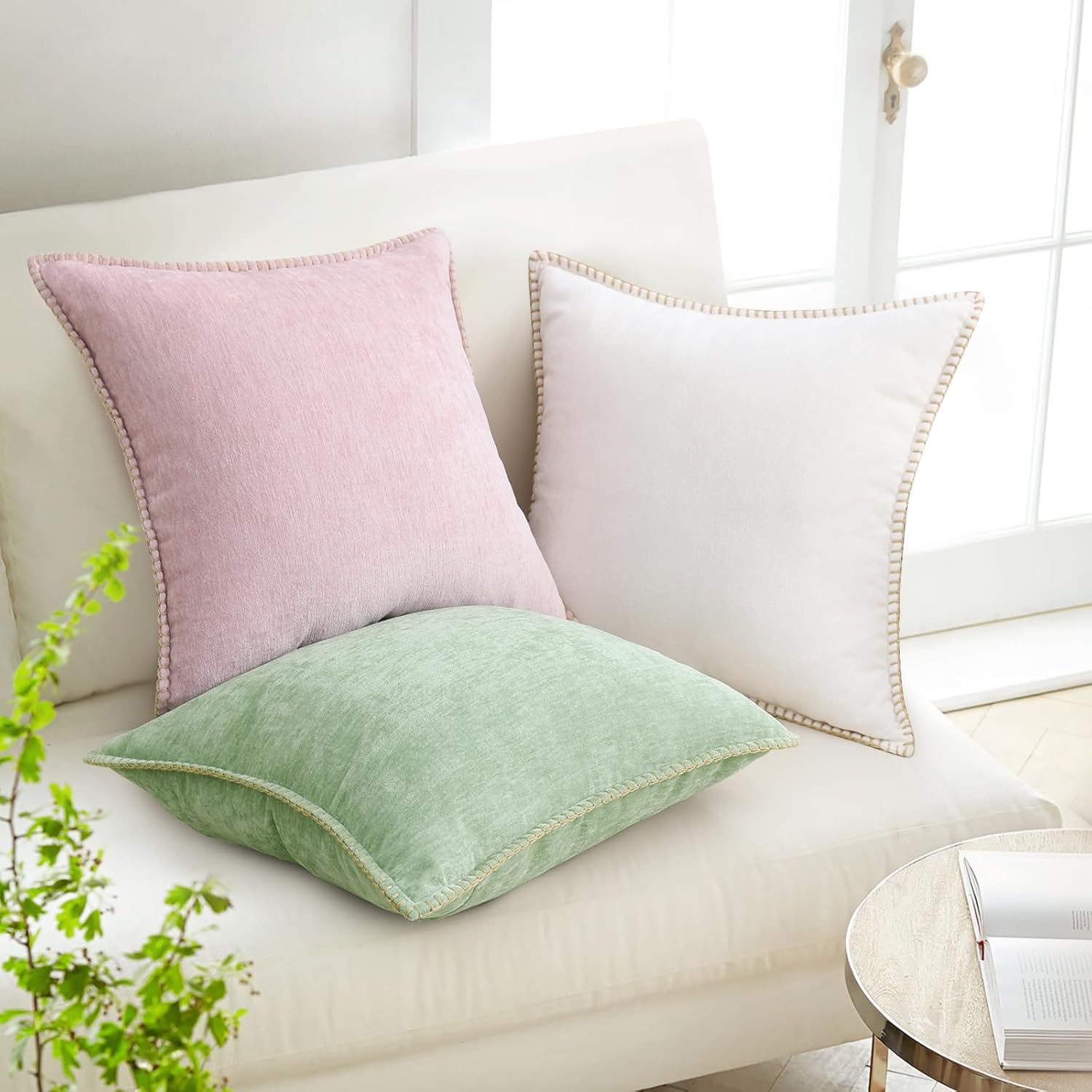 decorUhome Summer Chenille Soft Cozy Throw Pillow Covers 20x20 Set of 2, Modern Farmhouse Boho Velvet Decorative Pillow Cases with Stitched…