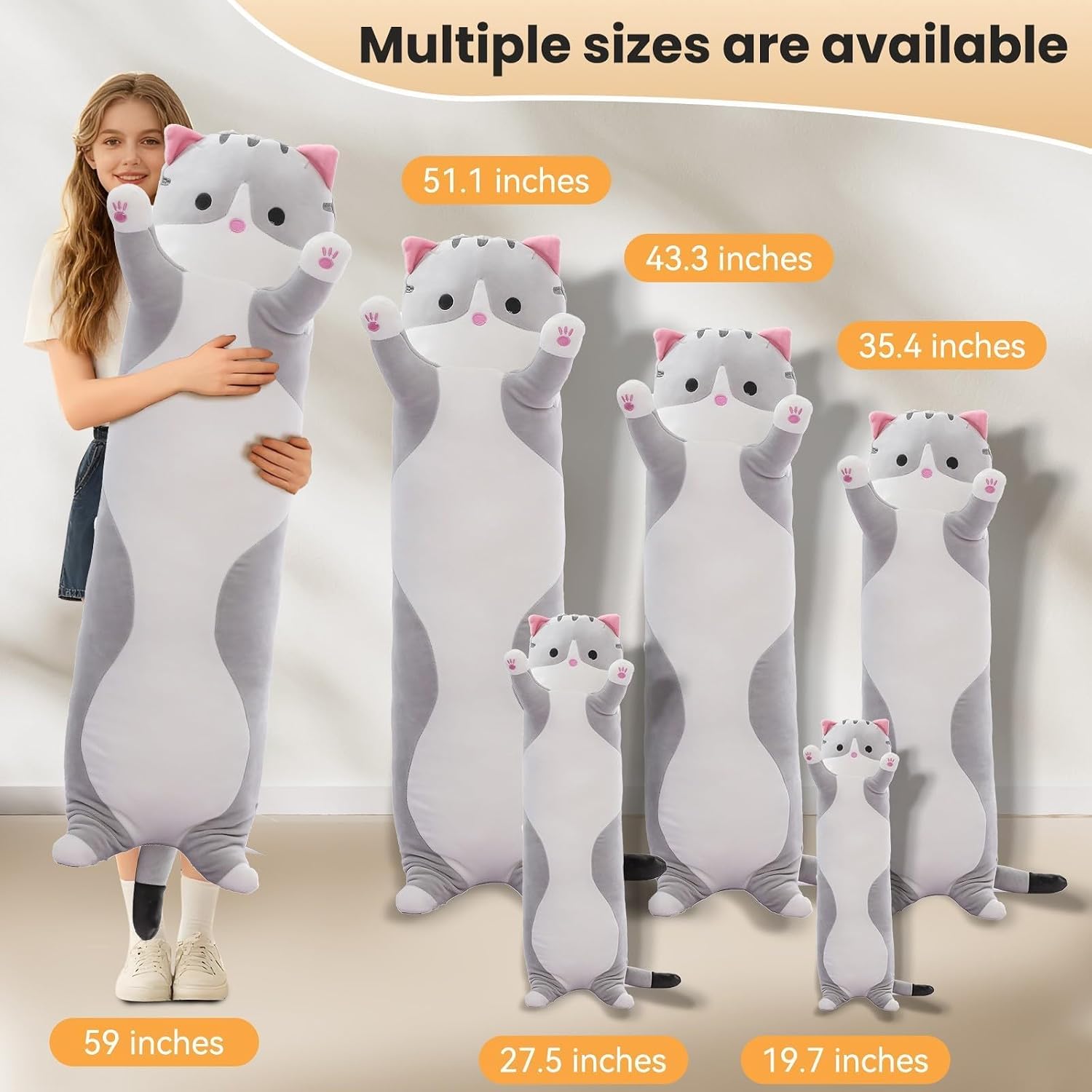 Shinuoer Cute Cat Plush Long Body Pillow – Soft Cartoon Stuffed Animal Doll, Kawaii Cat Plushie Toy Pillow Gifts for Kids, Girls & Girlfrie…