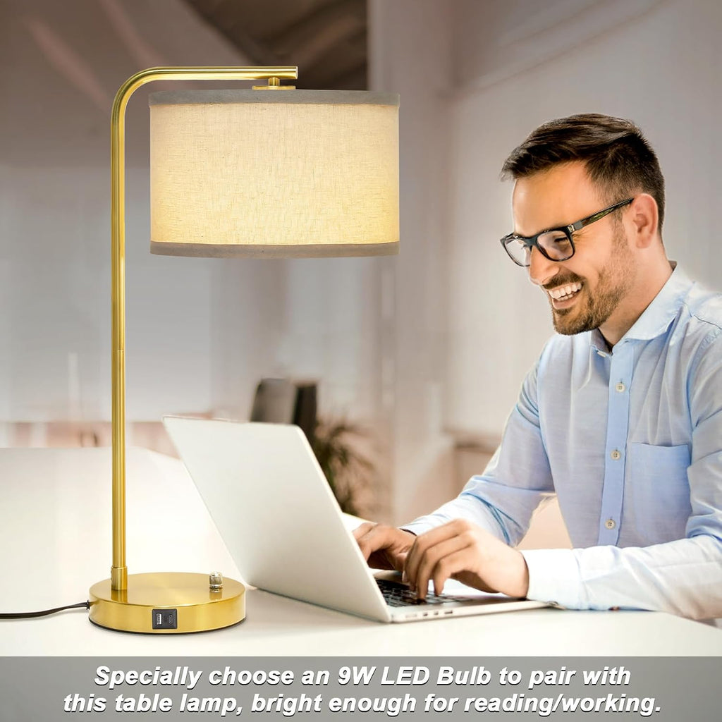 Fully Dimmable Bedside Lamp with C+A USB Ports, Mordern Gold Nightstand Lamp Desk Reading Lamp with Beige Drum Shade, Tall Side Table…