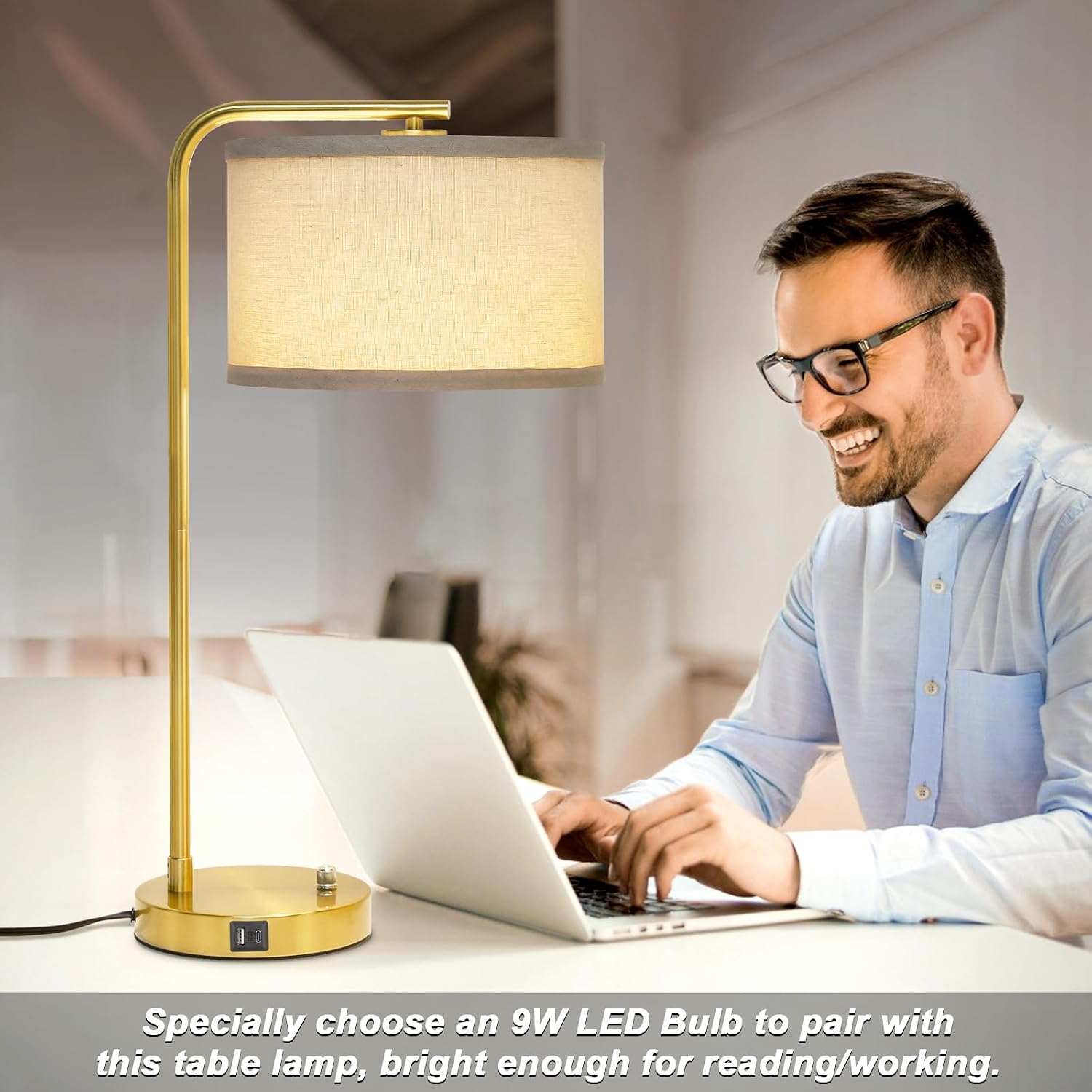 Fully Dimmable Bedside Lamp with C+A USB Ports, Mordern Gold Nightstand Lamp Desk Reading Lamp with Beige Drum Shade, Tall Side Table…
