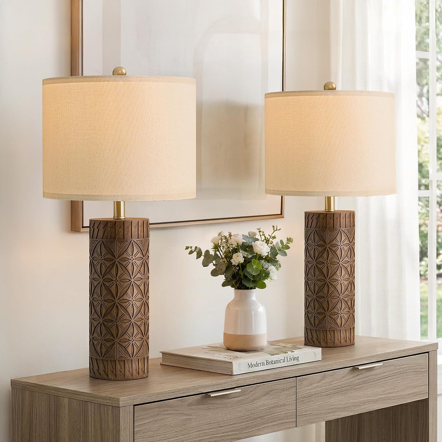 BOBOMOMO 24.25" Modern Farmhouse Table Lamps Set of 2, Geometric Wood Grain Resin Bedside Lamps for Nightstand, Rustic Lamps for Living…