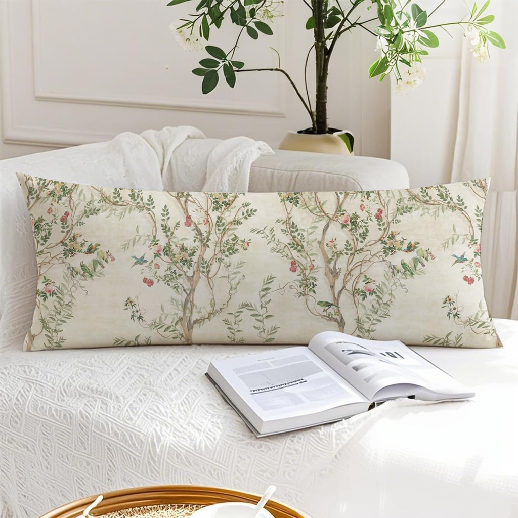 Vintage Chinoiserie Bird Floral 20x54 Body Pillow Cover, Chinoiserie Decor, Retro Green and Cream Flowers Botanical Decorative Long Body…
