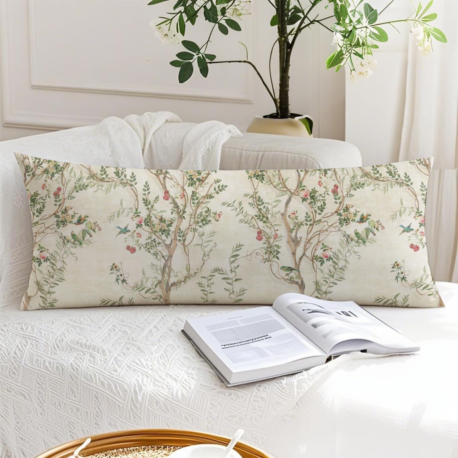 Vintage Chinoiserie Bird Floral 20x54 Body Pillow Cover, Chinoiserie Decor, Retro Green and Cream Flowers Botanical Decorative Long Body…