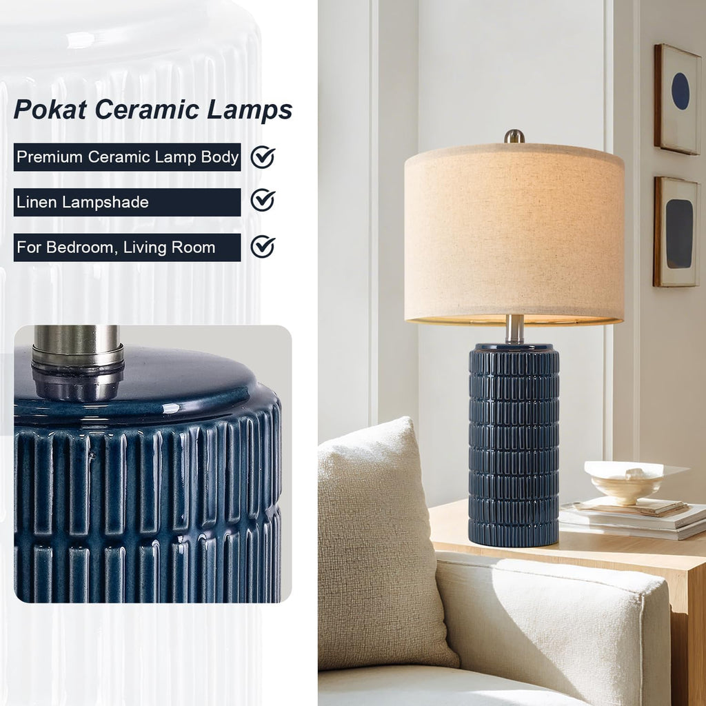 PoKat 24" Modern Ceramic Table Lamps Set of 2 for Bedroom, Blue Bedside Lamps for Night Stands, Farmhouse Desk Decor Nightstand Table…
