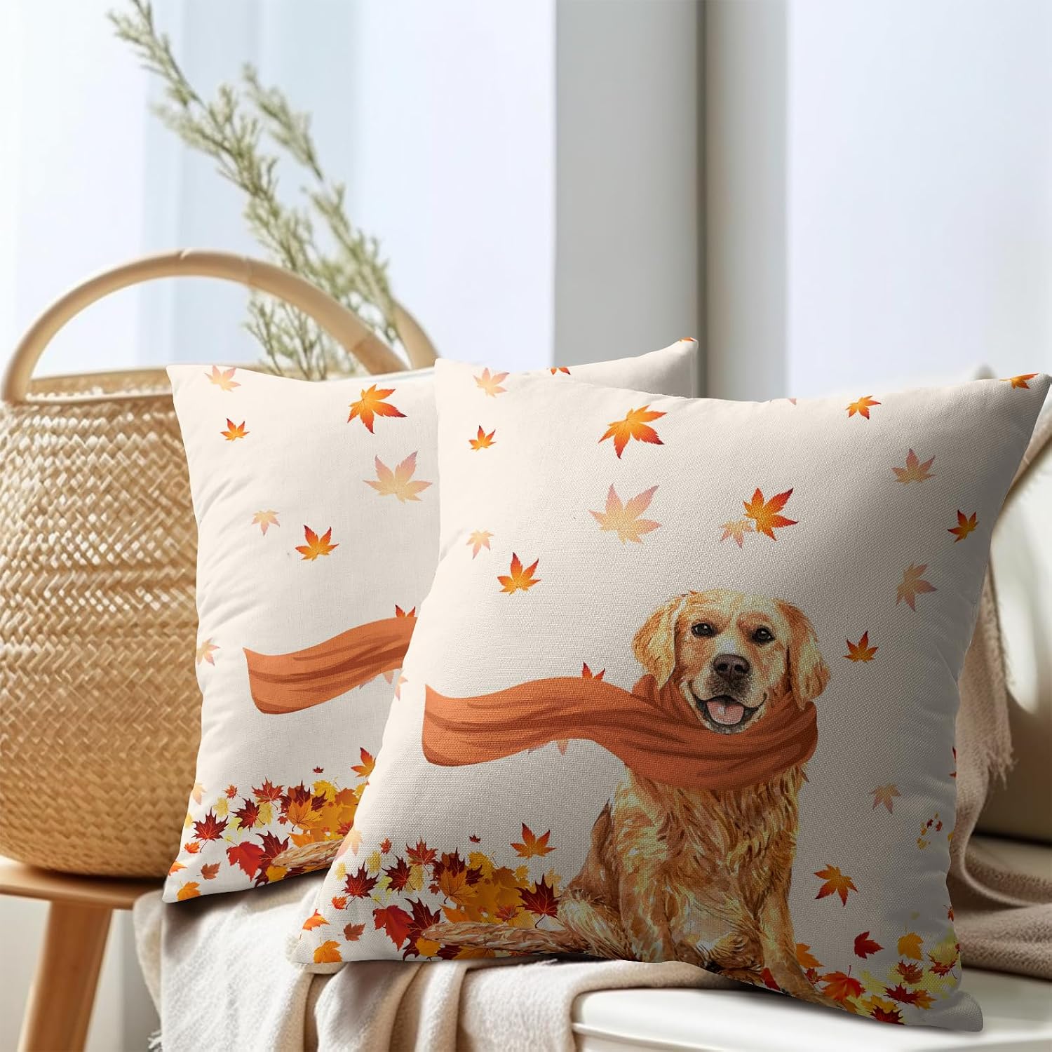 Golden Retriever Dog Fall Throw Pillow Cover Autumn Maple Leaves Farmhouse Pillowcase Cute Pet Modern Thanksgiving Decorative Pillow…