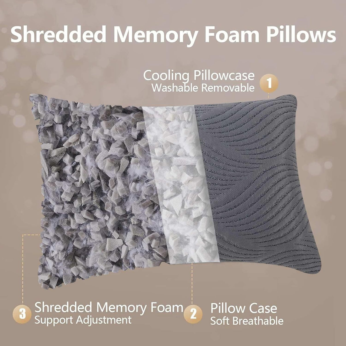 Pillows Queen Size Set of 2 Cooling Memory Foam Pillows for Sleeping Adjustable Medium Firm Back and Side Sleeper