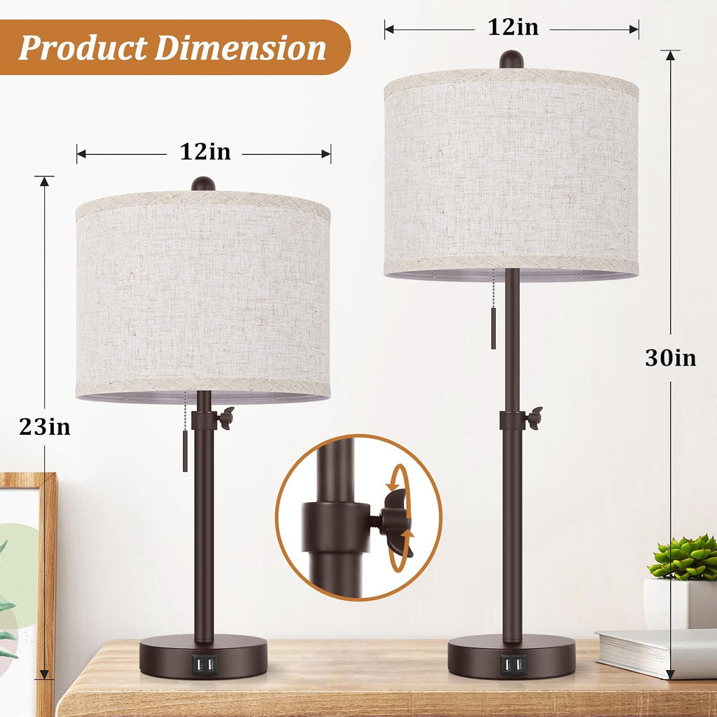 Modern Brown Table Lamps Set of 2, 23’’-30’’ Adjustable Bedroom Lamps with 2 USB Ports, Living Room Lamp Set with Cream Linen Shade…