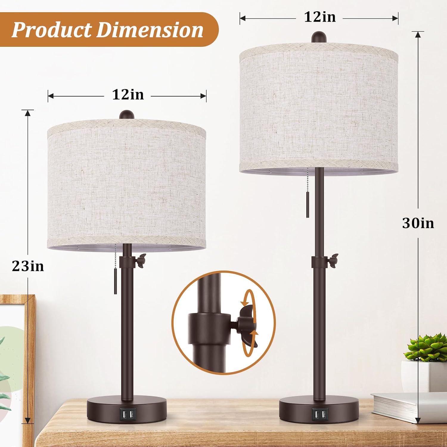 Modern Brown Table Lamps Set of 2, 23’’-30’’ Adjustable Bedroom Lamps with 2 USB Ports, Living Room Lamp Set with Cream Linen Shade…