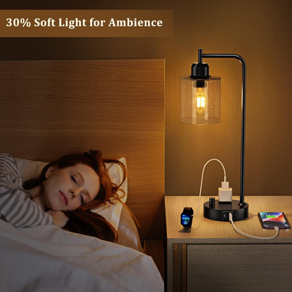 Industrial Bedside Table Lamp for Bedroom - Nightstand Lamps with USB C Charging Port, Fully Dimmable Black Ports and Outlets, Small Desk…