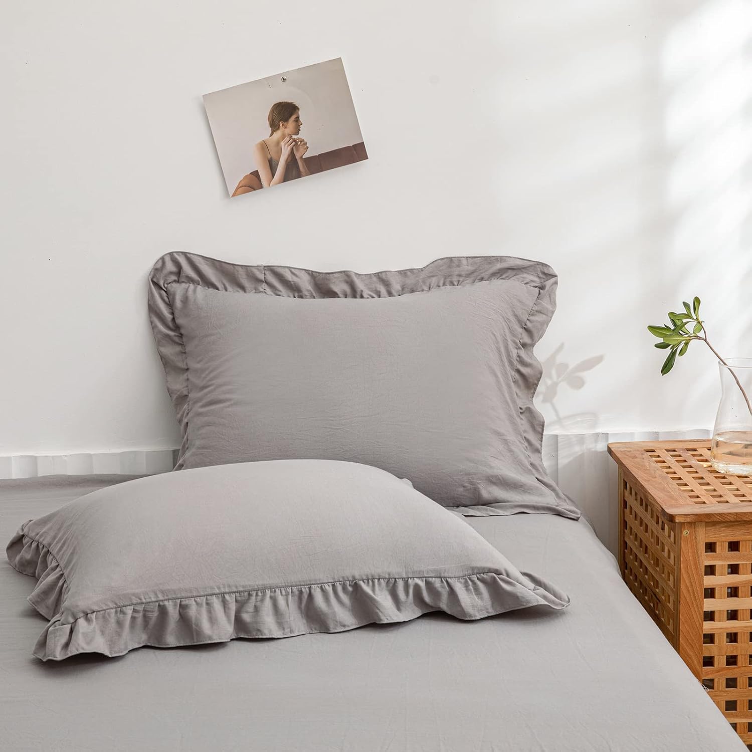 Merryword Cute Pillowcases Light Gray Pillow Shams Gray Ruffle Queen Pillowcases Set of 2 Shabby Chic Fringe Decor Pillow Cover 2 Pack (Que…