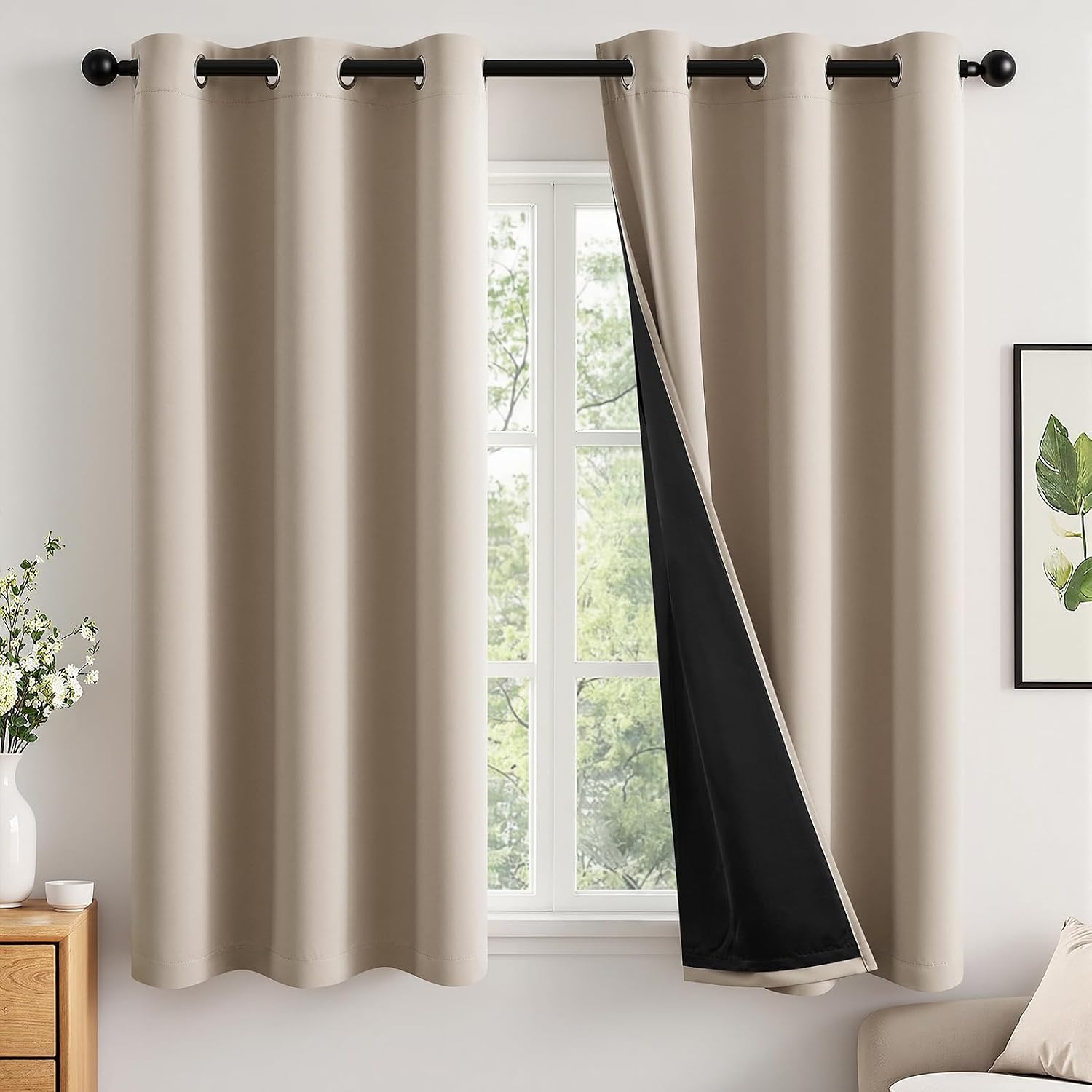 Miulee Taupe 100% Blackout Curtains for Bedroom 54 Inch Length, 2 Thick Layers Thermal Insulated Short Window Curtains with Black Liner, No…