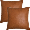 Tosewever Faux Leather Throw Pillow Covers, 18 x 18 inch Set of 2 Luxury Cognac Brown Modern Pillowcases Solid Decorative Square Cushion Ca…